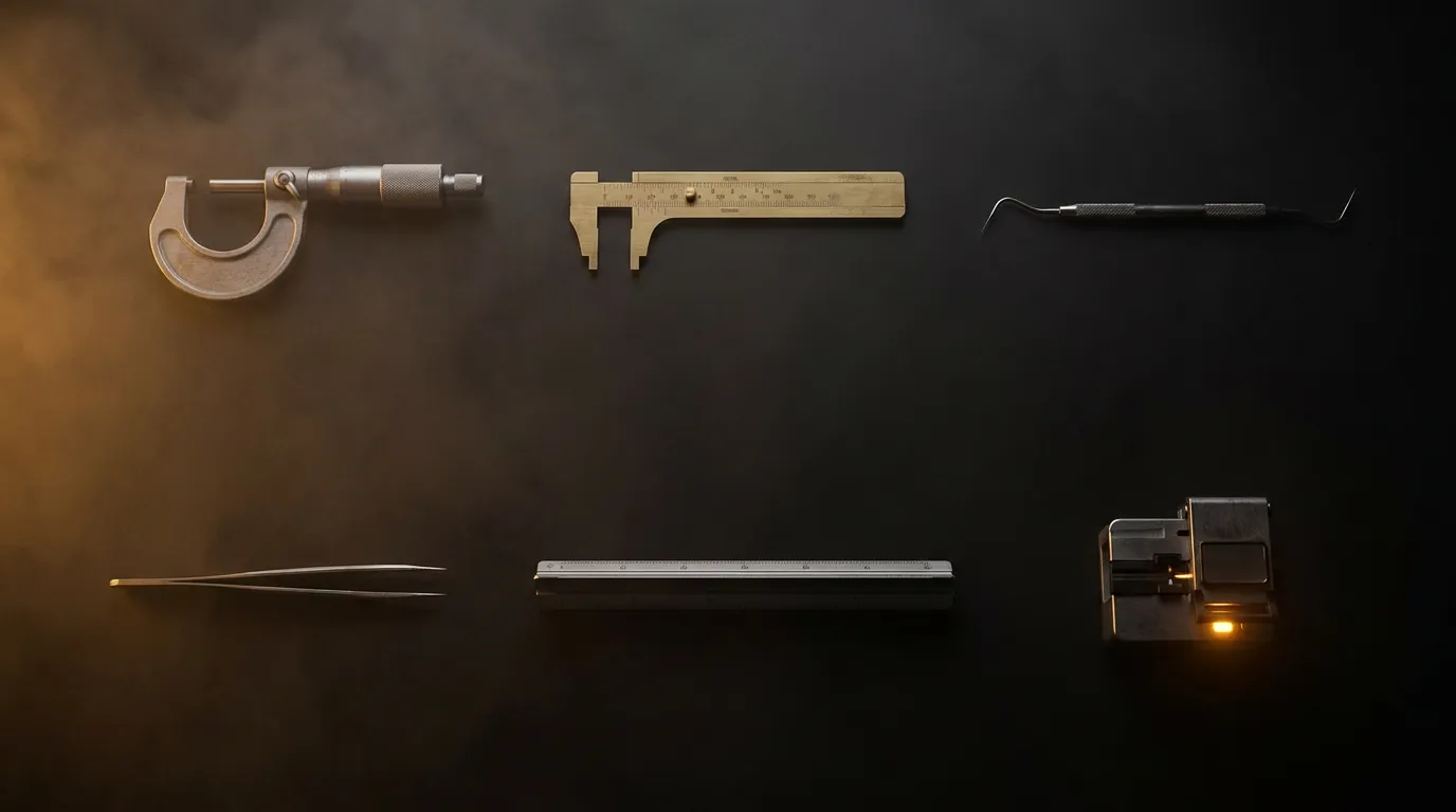 Six precision instruments from different trades laid out in an even grid on matte black, lit by a single amber light.