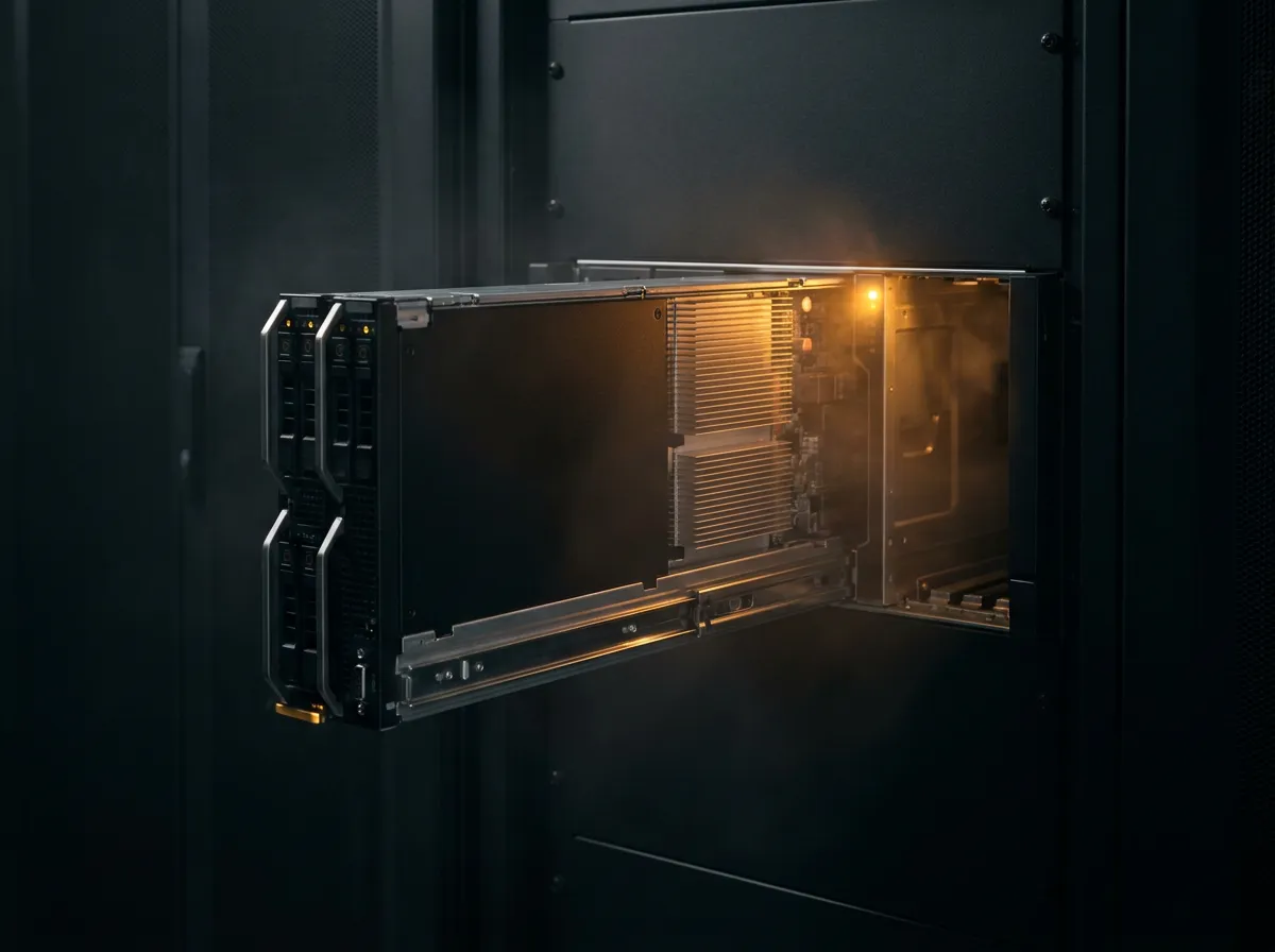 A black server blade half-withdrawn from its rack chassis on precision rails, amber light spilling from the open bay.