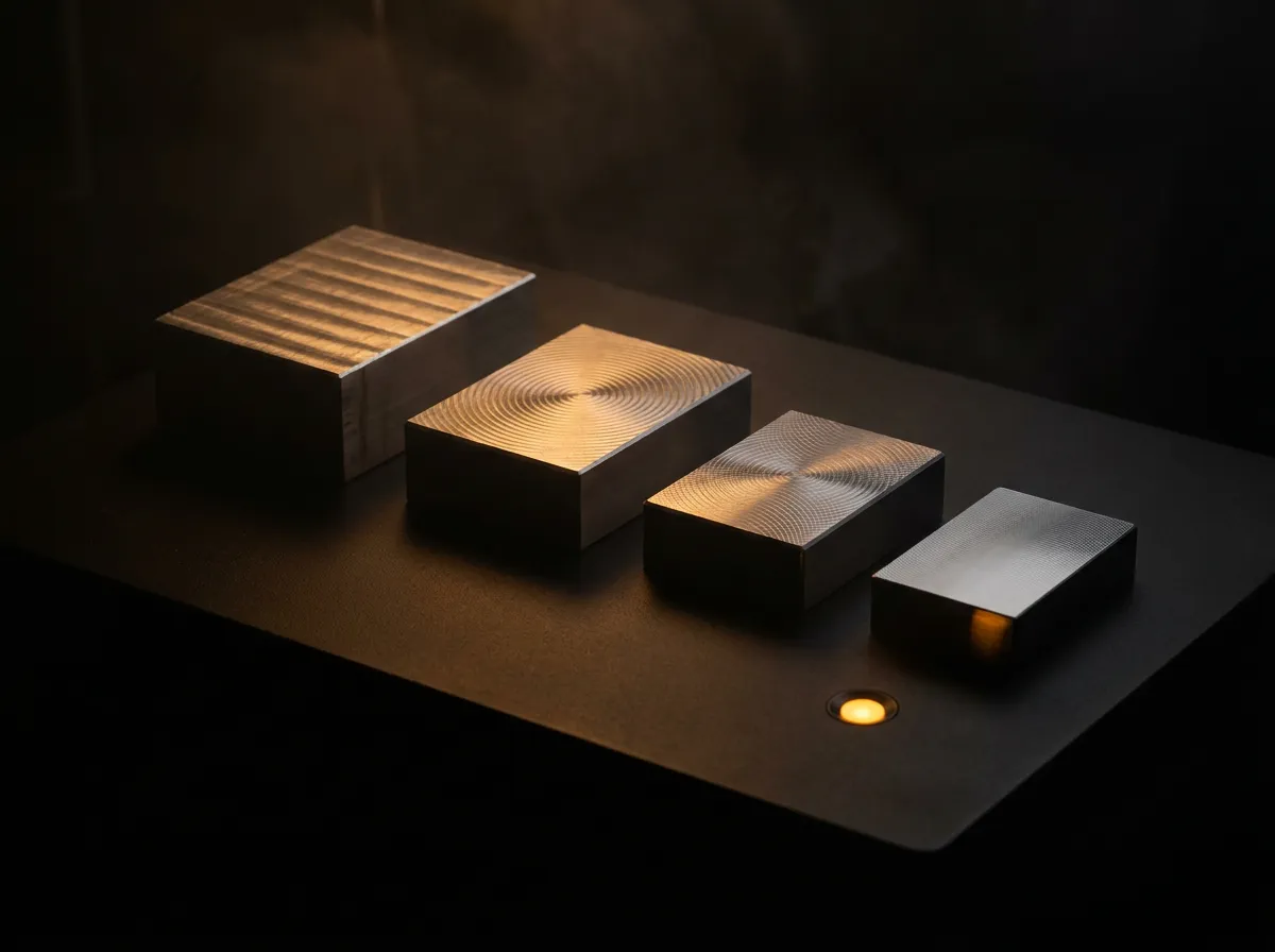 Four machined metal blocks of decreasing size on matte black, raking amber light revealing the tooling marks.
