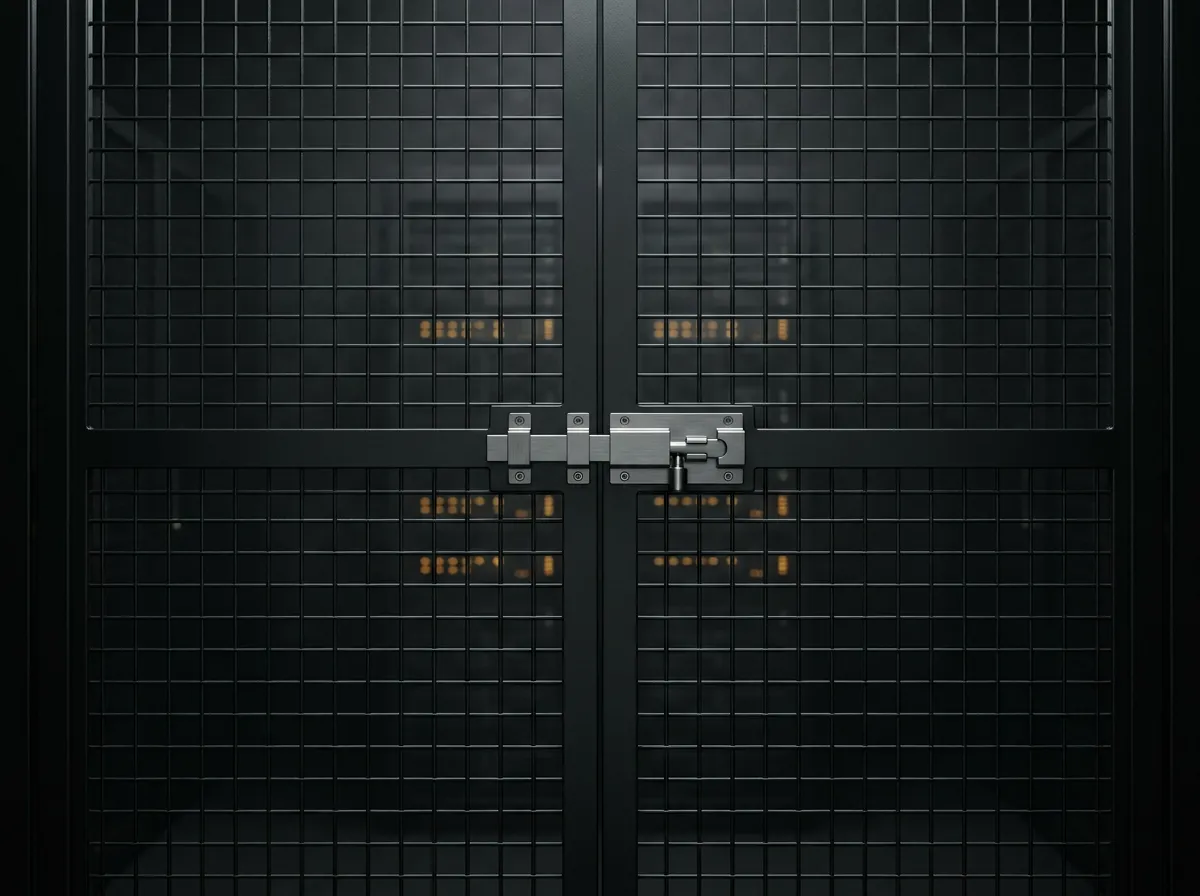 A closed matte black steel cage door with a precision lock, dark server racks glowing amber behind its mesh.
