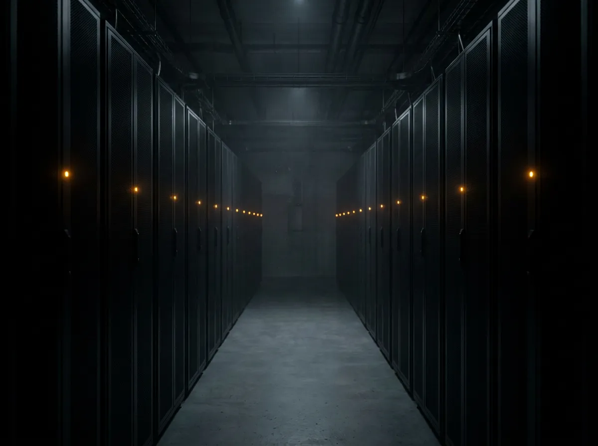 A long row of identical black rack cabinets receding down a dark aisle, each marked by one amber status light.
